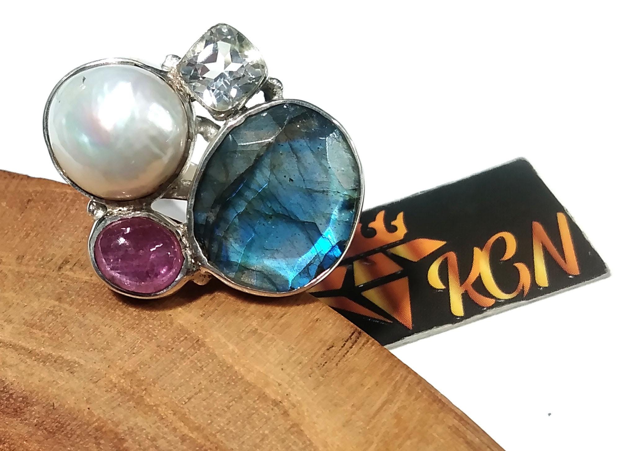 All Natural Gemstone Rings, Freshwater Pearl, Labradorite, Ruby & White Topaz Ring, 925 Starling Silver Ring, Handmade Silver Ring Jewelry